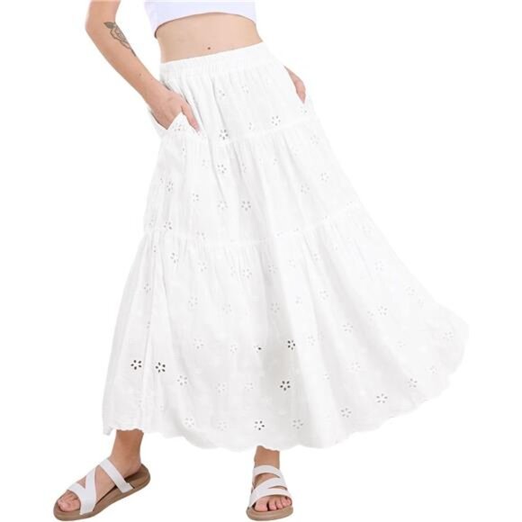 Women's Lace Embroidery Eyelet Boho Skirt White - Picture 1 of 7